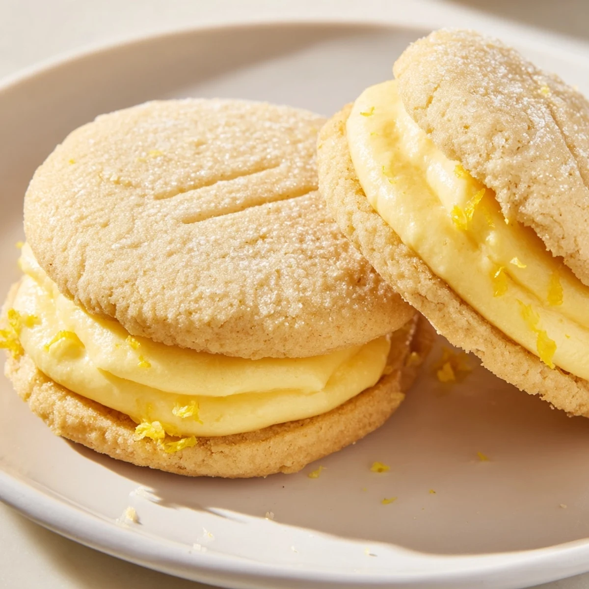 Golden vegan lemon sandwich cookies with creamy citrus filling on a rustic plate