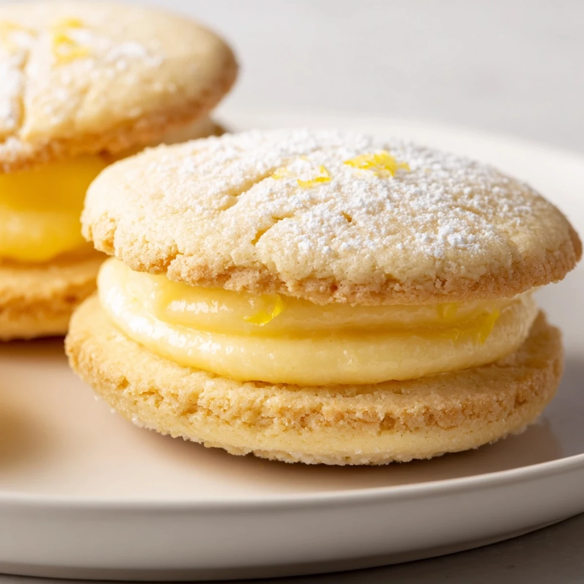 Close-up of vegan lemon sandwich cookies showing thick zesty filling between buttery rounds