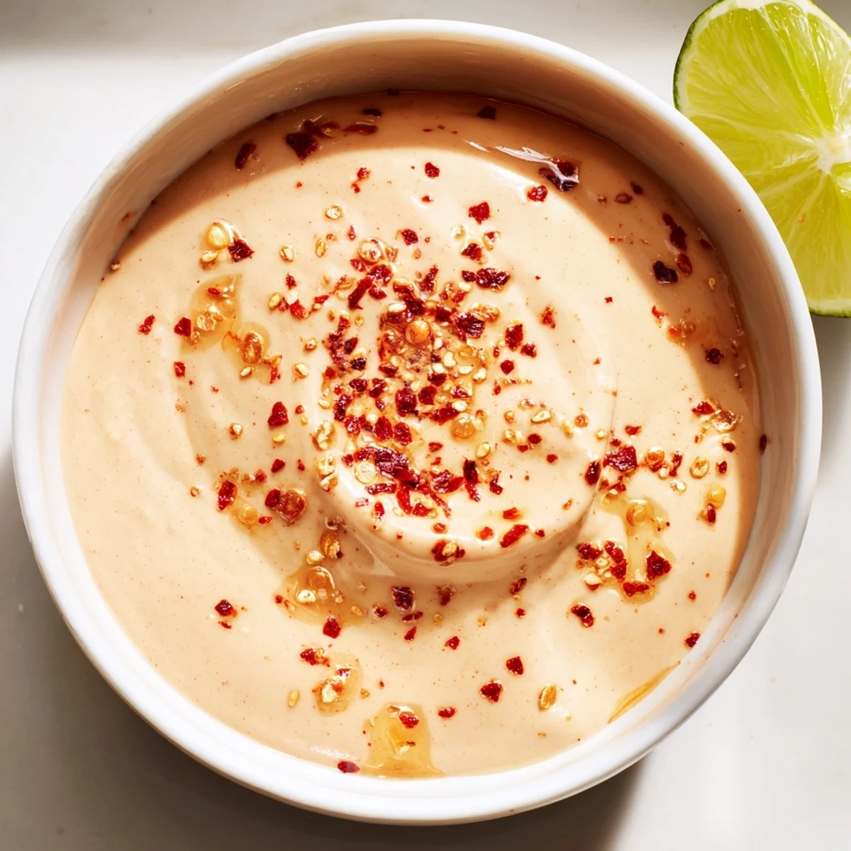 Tangy chili lime tahini sauce served in a bowl with fresh lime wedges