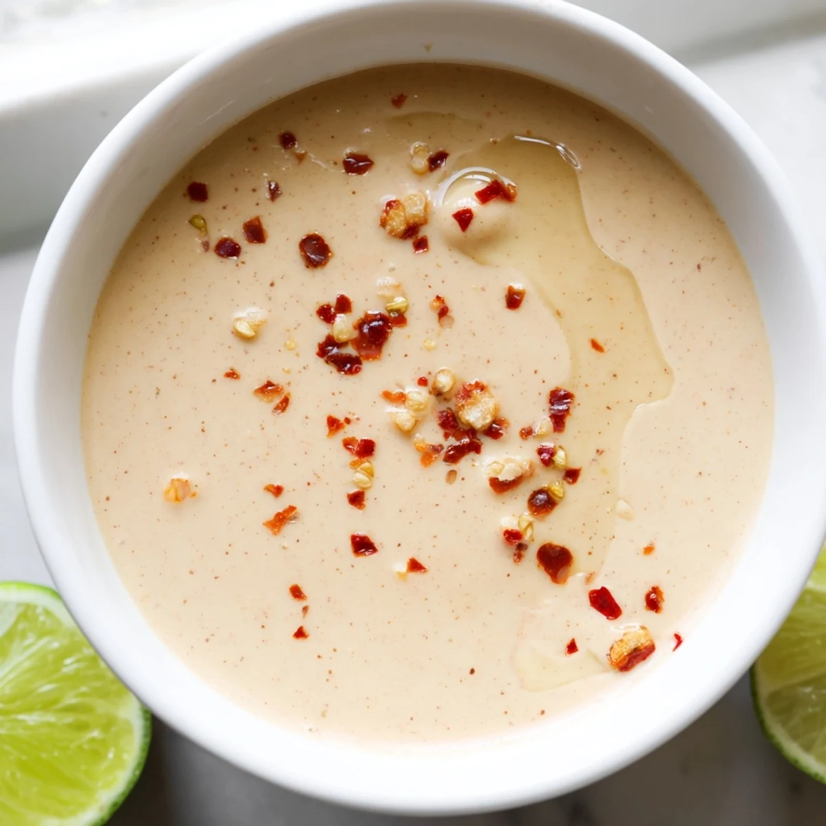 Creamy chili lime tahini sauce drizzled over a vibrant roasted vegetable grain bowl