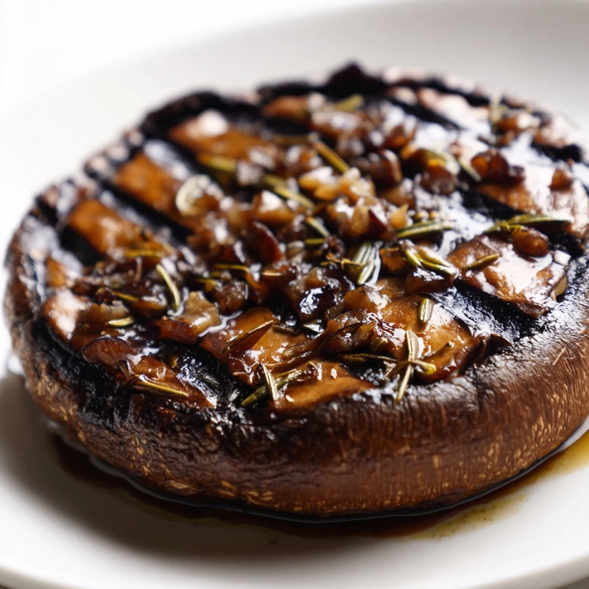 Juicy grilled Portobello steaks with charred edges resting on a rustic wooden cutting board