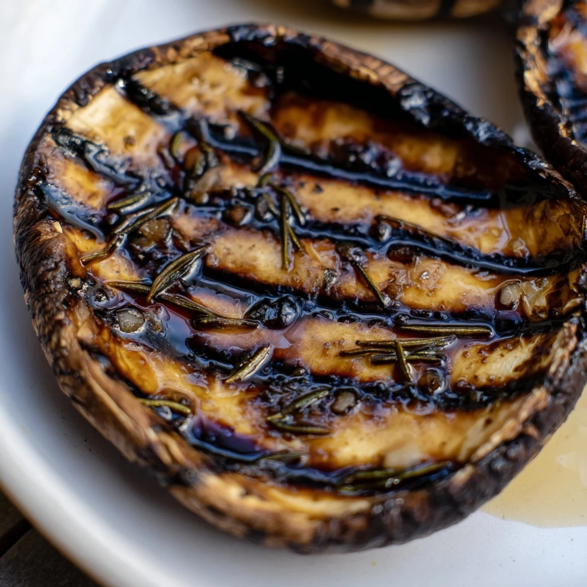 Thick balsamic-marinated Portobello steaks sizzling on a grill pan with fresh rosemary sprigs