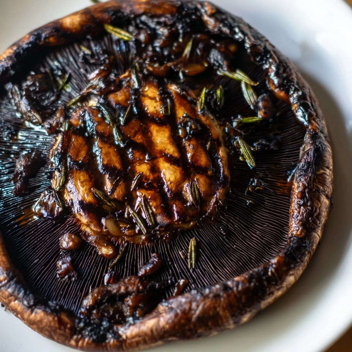 Tender smoky Portobello steaks plated atop creamy mashed potatoes with a chimichurri drizzle