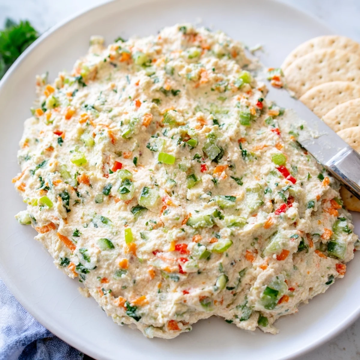 Creamy garden vegetable spread topped with fresh herbs and served alongside toasted crackers
