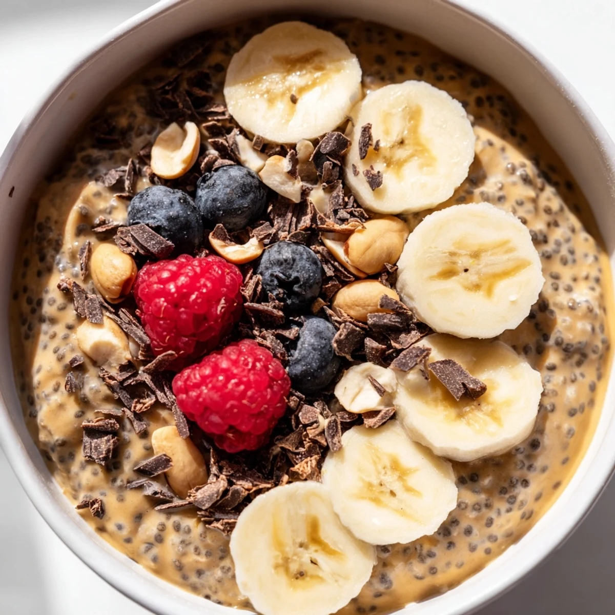 Thick peanut butter chia pudding served in mason jars with dark chocolate shavings and fresh berries