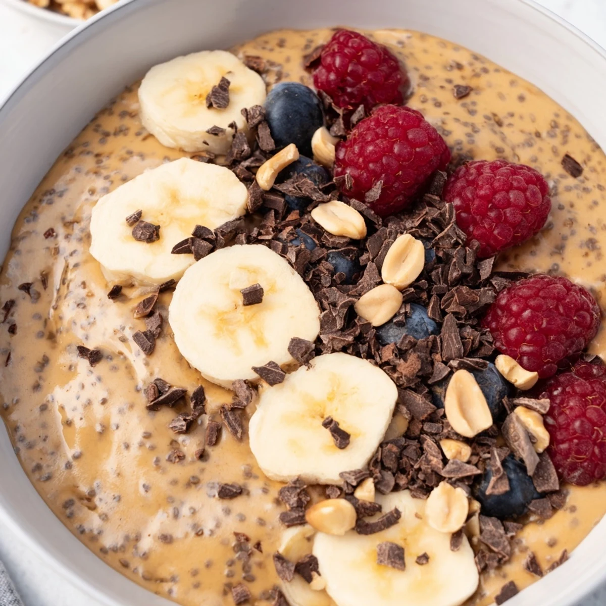 Creamy peanut butter chia pudding topped with sliced banana and chopped peanuts in a glass jar