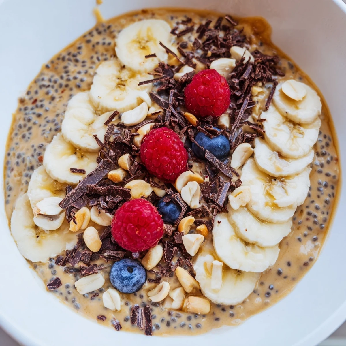 Velvety peanut butter chia pudding garnished with banana slices and a drizzle of maple syrup