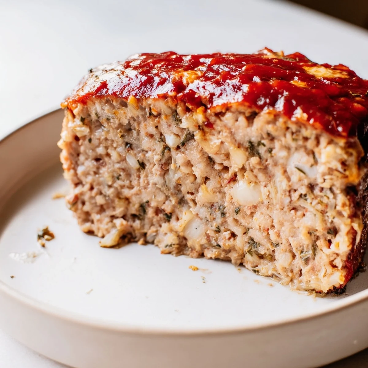 Golden Parmesan chicken meatloaf sliced thick with tangy tomato glaze on top
