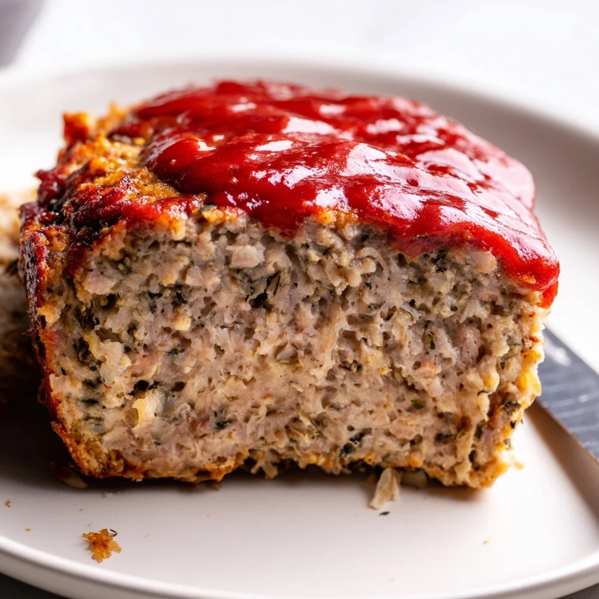 Parmesan chicken meatloaf fresh from the oven topped with bubbling marinara glaze