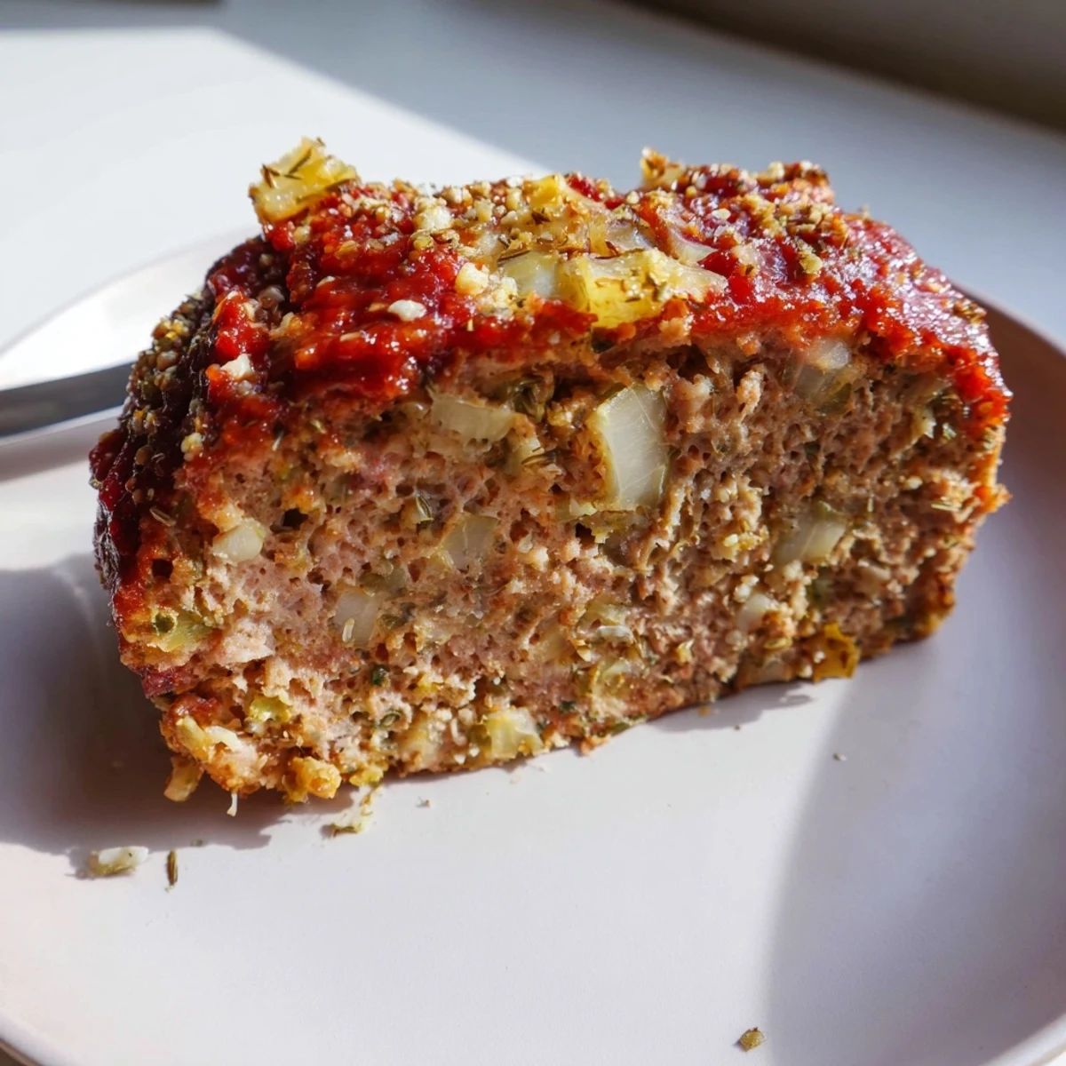 Thick slice of Parmesan chicken meatloaf drizzled with tomato sauce on a white plate