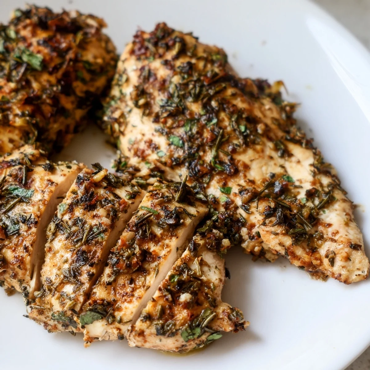 Golden savory garlic herb chicken fresh from the oven with fragrant rosemary