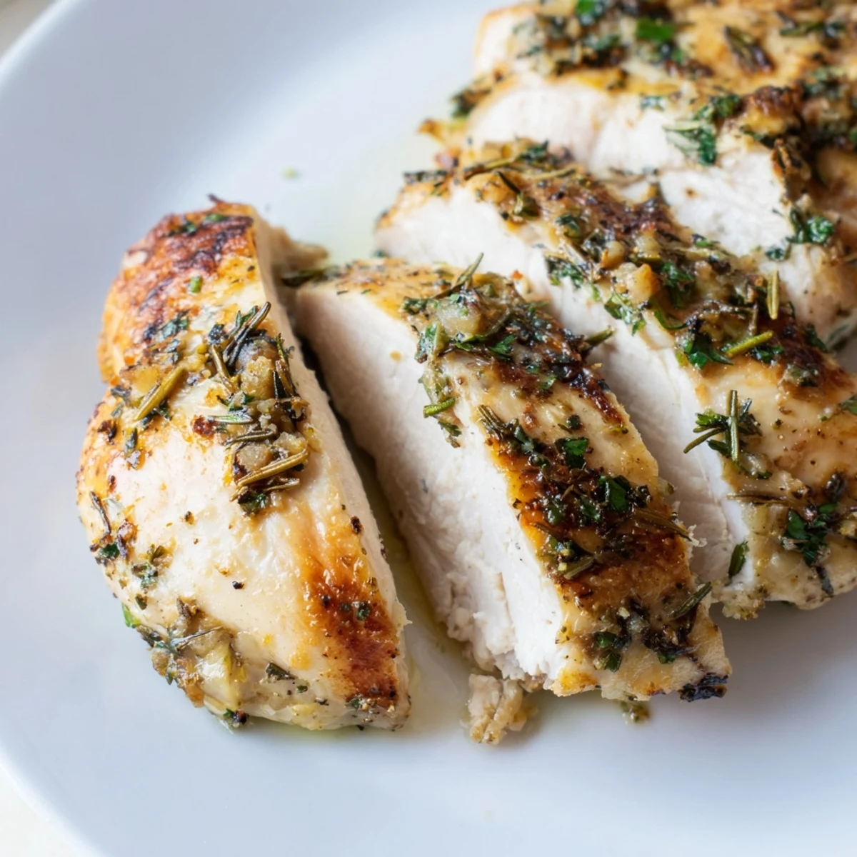 Juicy savory garlic herb chicken sliced open showing tender herb-flecked meat