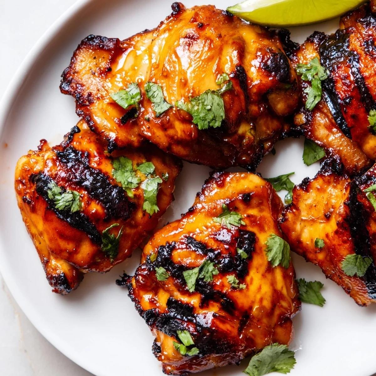 Sweet n spicy grilled chicken thighs with charred skin and fresh cilantro on a rustic plate