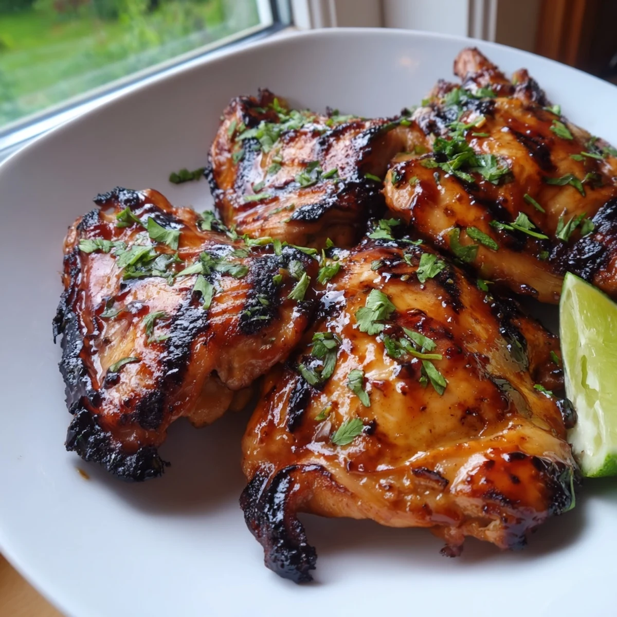 Juicy sweet n spicy grilled chicken thighs served with lime wedges on a checkered tablecloth