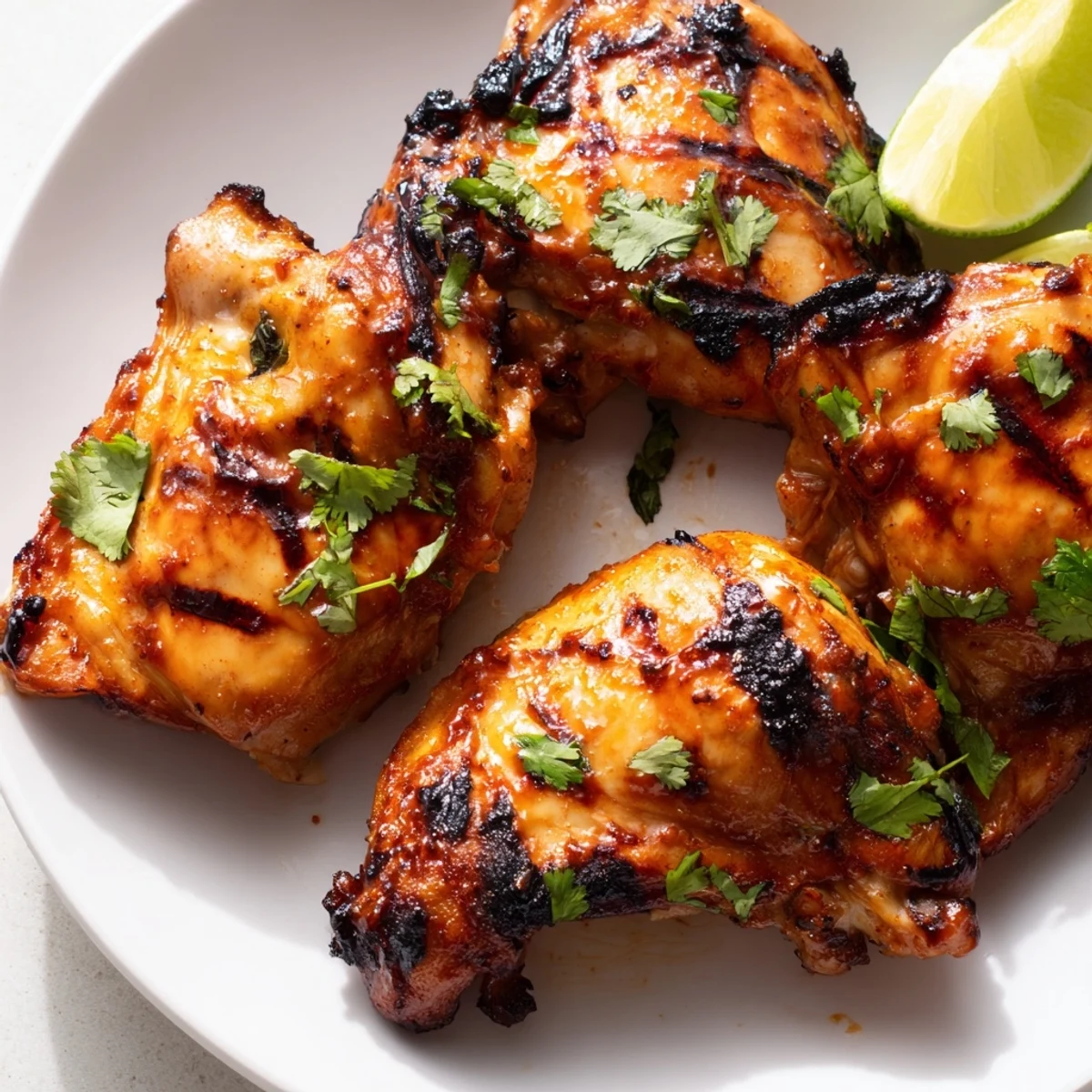 Golden caramelized sweet n spicy grilled chicken thighs glistening with honey glaze over grill marks