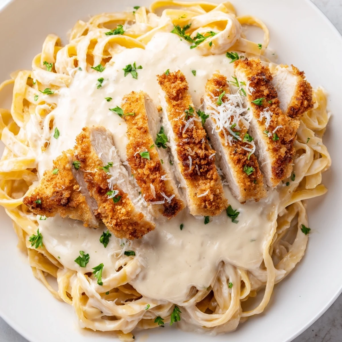 Crispy chicken Alfredo with golden breaded cutlets resting on creamy fettuccine