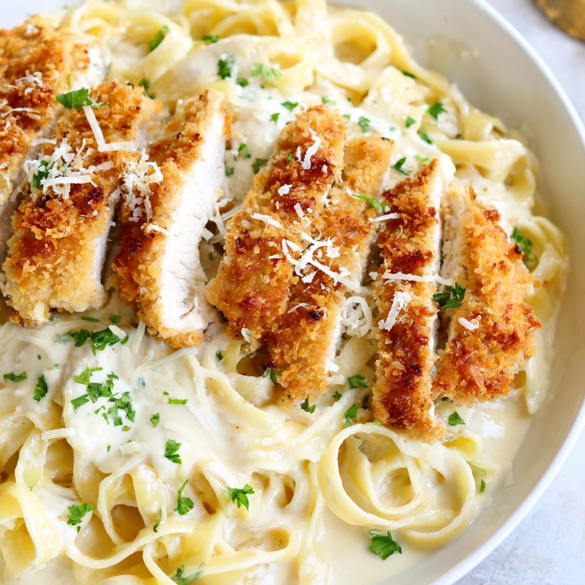 Golden pan-fried chicken sliced over rich Alfredo pasta in a white bowl