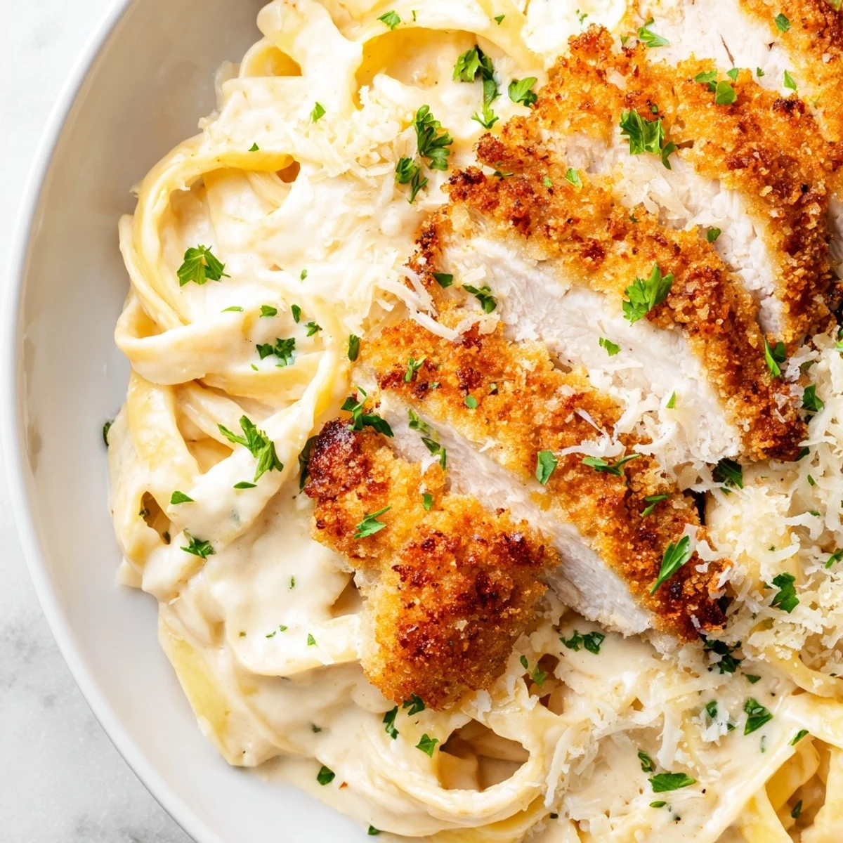 Creamy crispy chicken Alfredo topped with fresh parsley and Parmesan cheese
