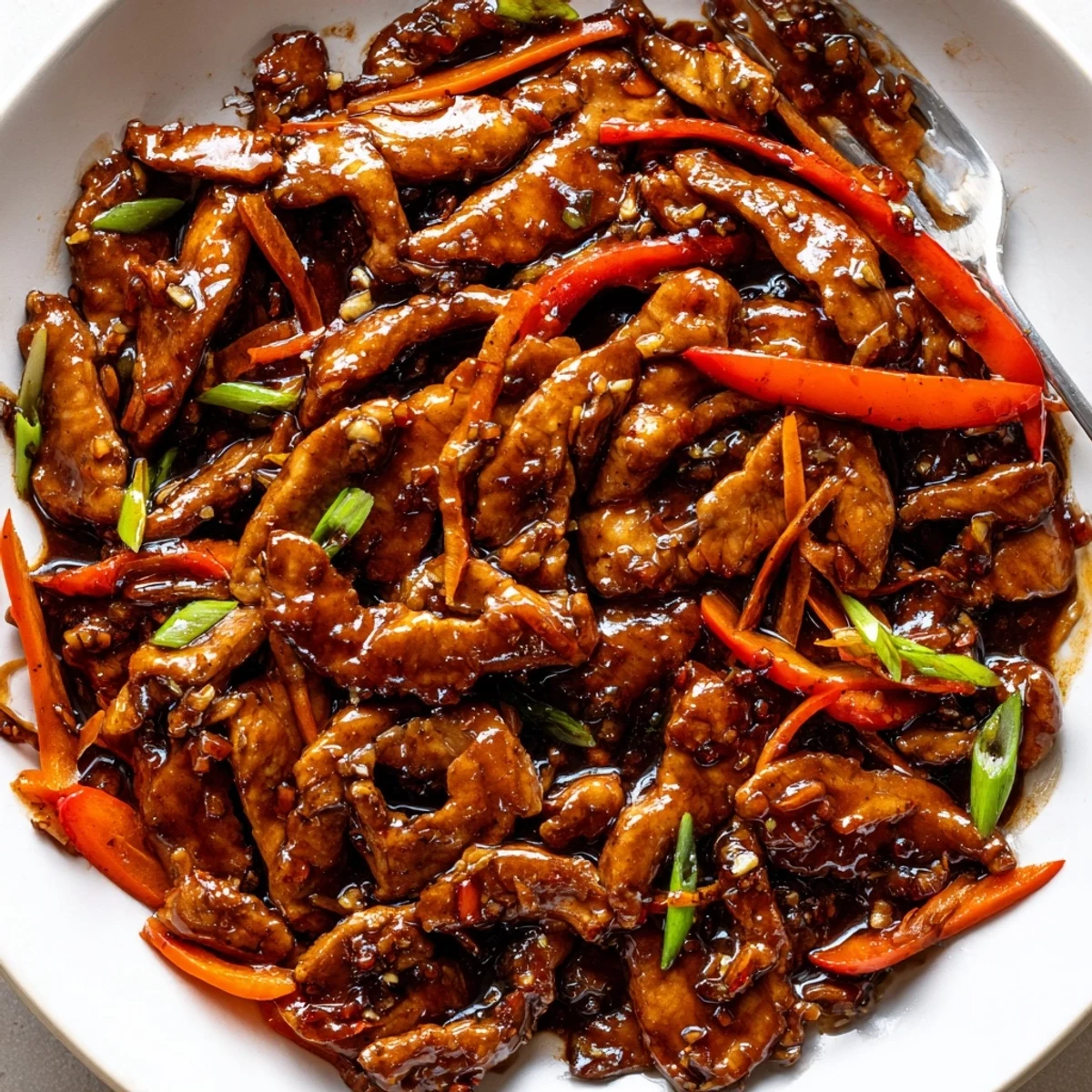 Golden chicken strips glistening in savory garlic sauce alongside vibrant red and green vegetables