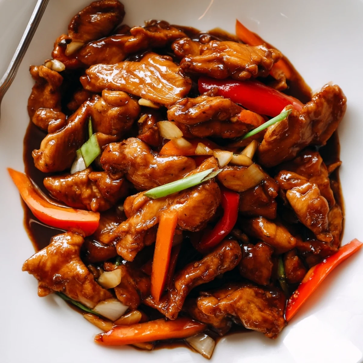 Sizzling stir fried Chinese garlic chicken tossed with fresh ginger, spring onions, and julienned carrots