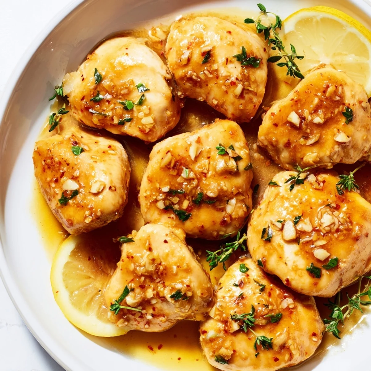 Golden garlic butter baked chicken breast garnished with fresh parsley and lemon wedges