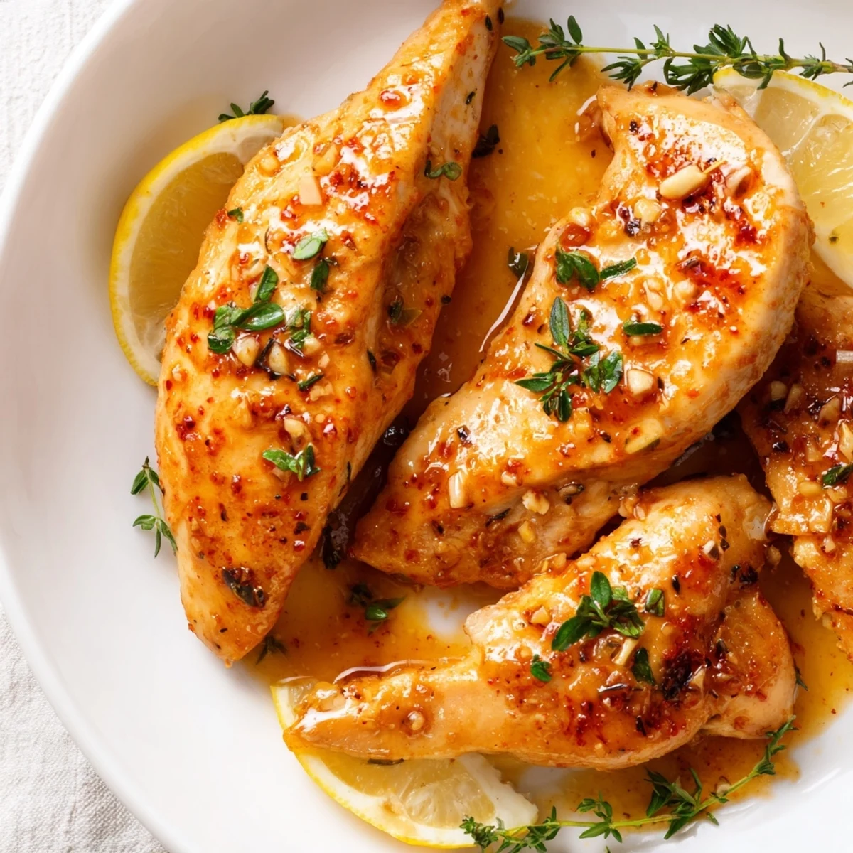 Juicy garlic butter baked chicken breast drizzled with rich herb sauce on a white plate