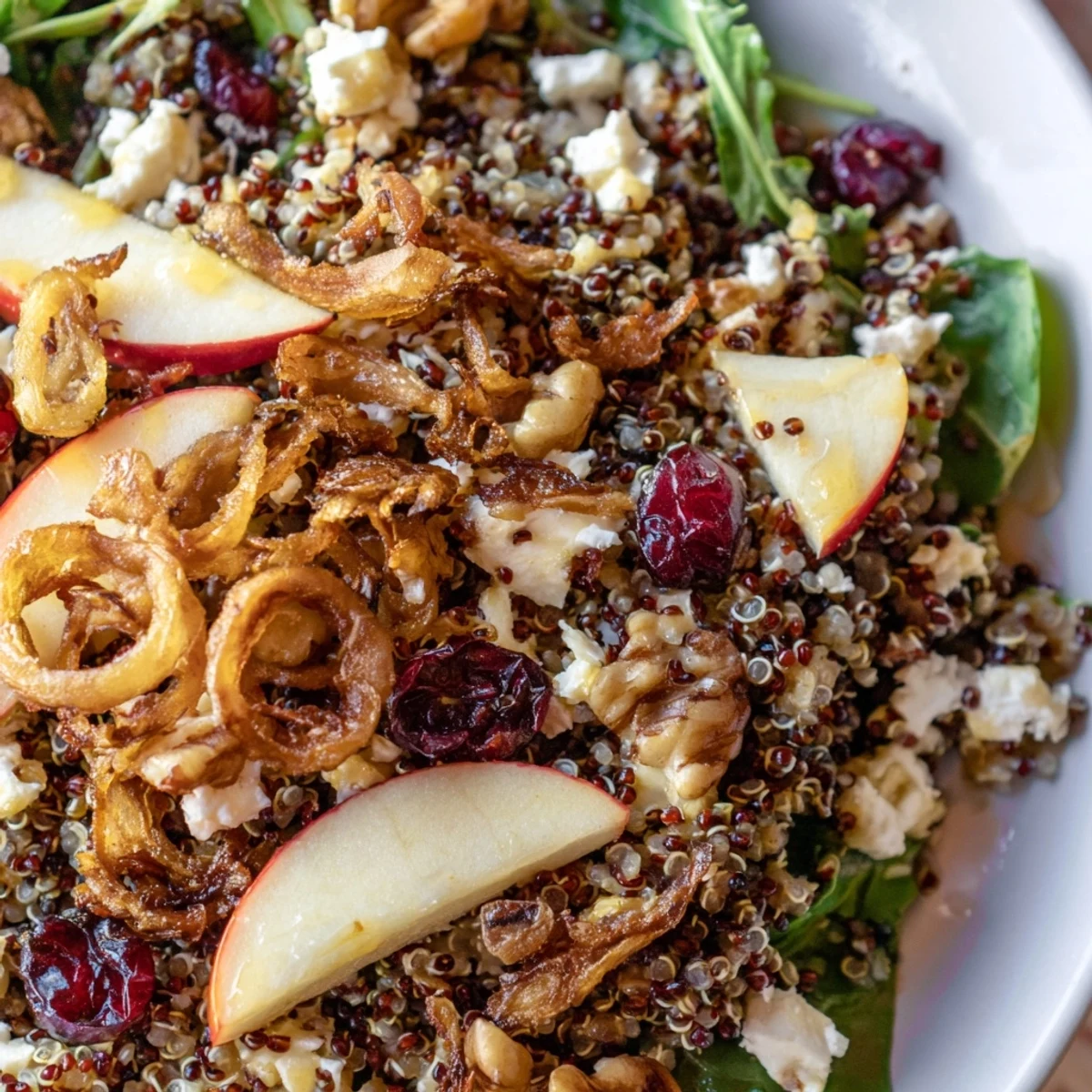 Honey Mustard Quinoa Apple Salad drizzled with golden dressing on a rustic wooden board