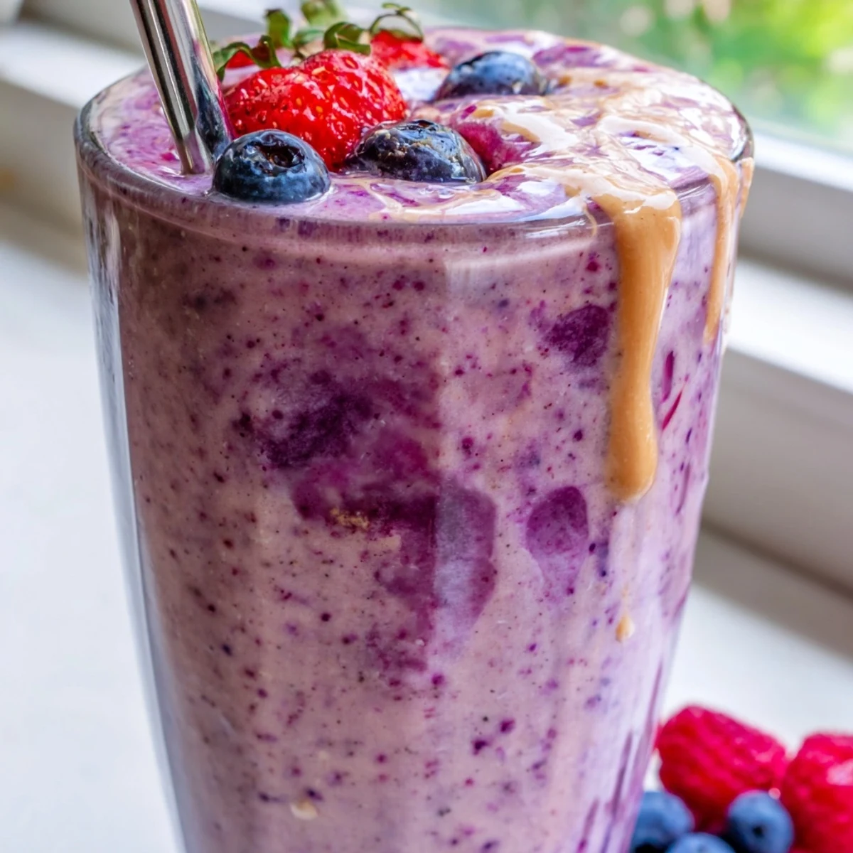Creamy peanut butter berry smoothie swirled with vibrant red and blue berries in a mason jar