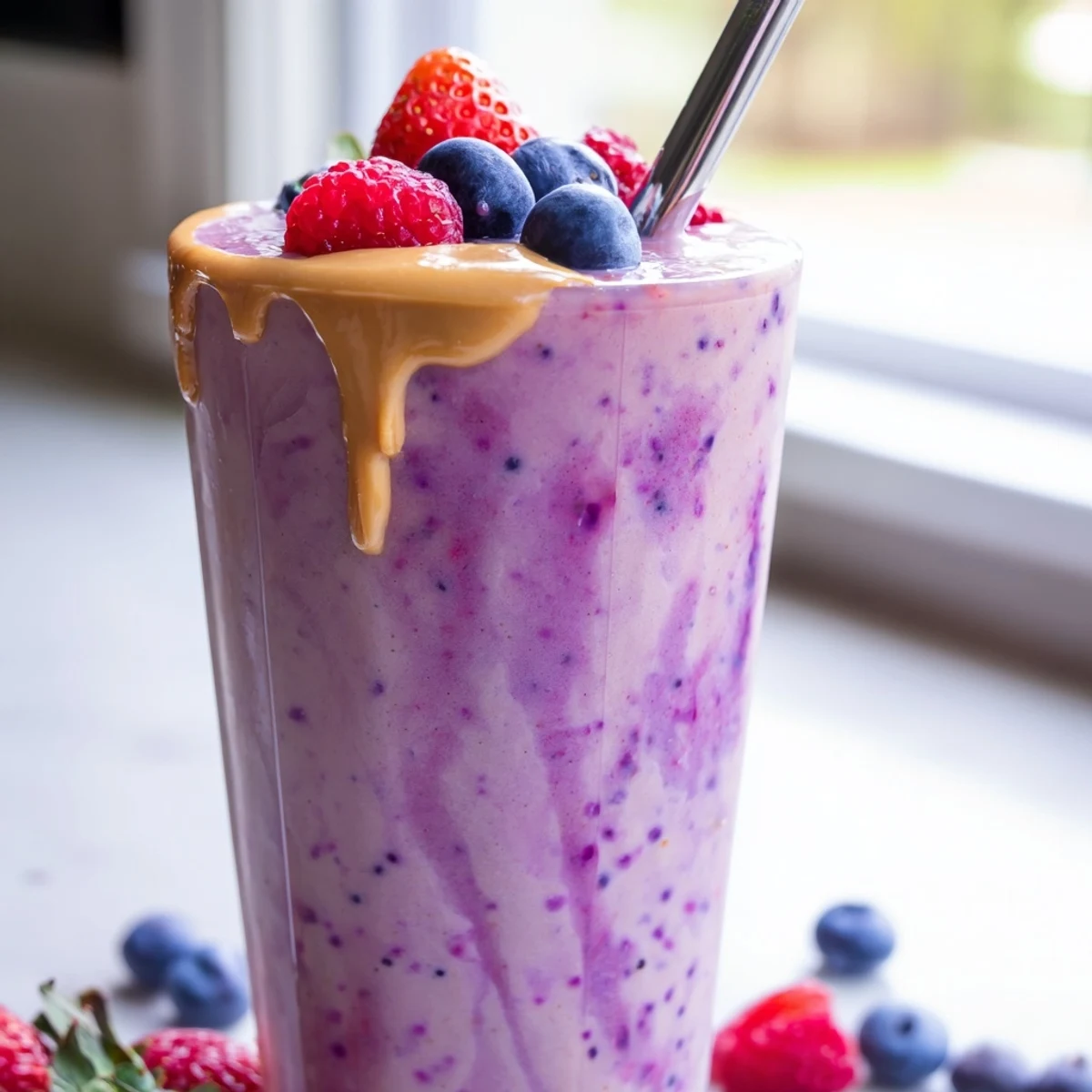 Thick purple peanut butter berry smoothie poured into two tall glasses topped with fresh strawberries