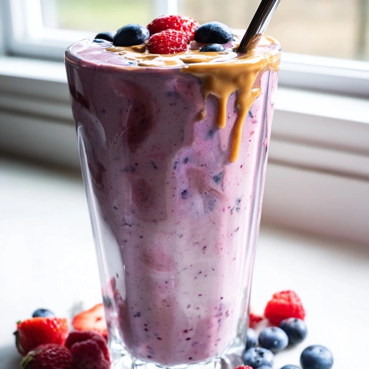 Chilled peanut butter berry smoothie garnished with a raspberry and a drizzle of honey beside a spoon
