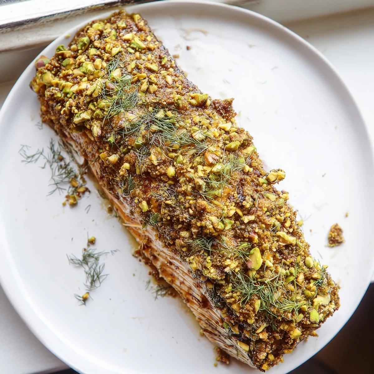 Golden maple pistachio salmon fillet with a crunchy nut crust fresh from the oven