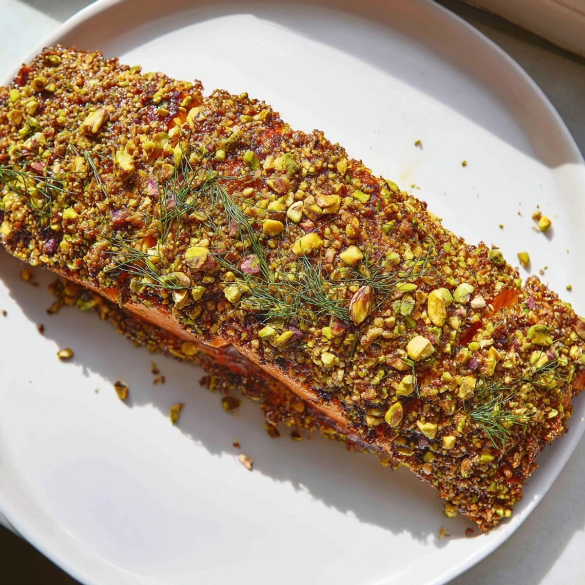 Oven-baked maple pistachio salmon glistening with sweet glaze on a parchment-lined sheet pan
