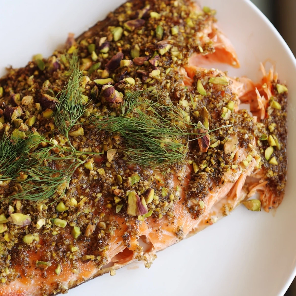 Crusted maple pistachio salmon plated with lemon wedges and fresh herbs for serving