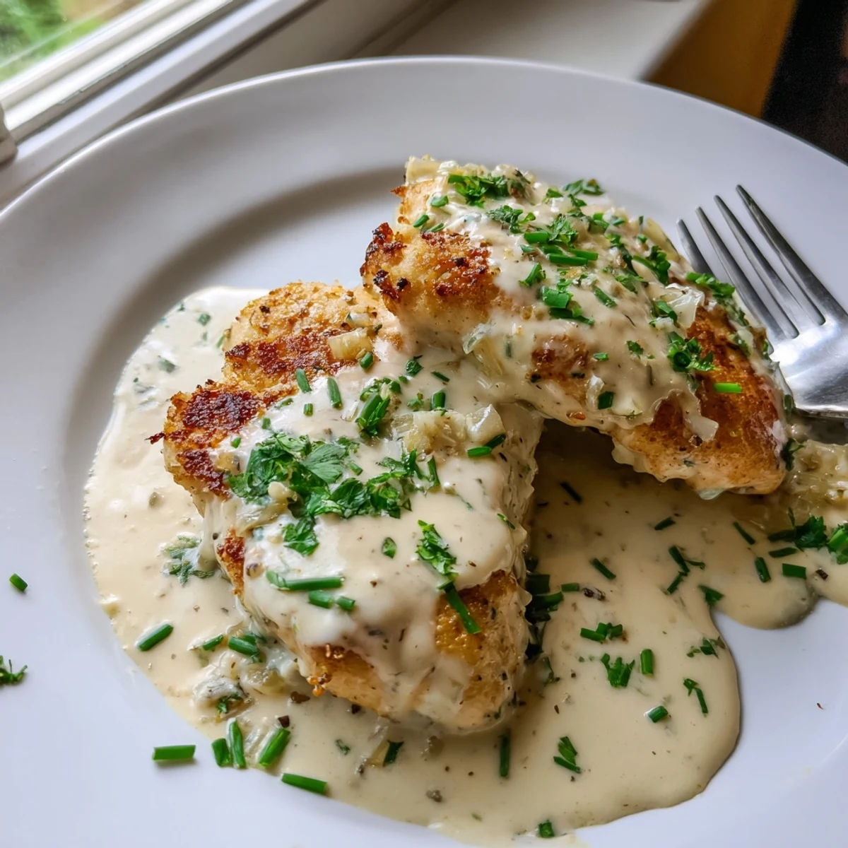 Pan-seared chicken with Boursin sauce drizzled creamy garlic herb goodness on a white plate