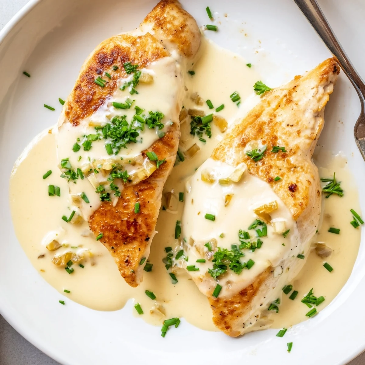 Golden chicken breast smothered in rich creamy Boursin garlic and fine herbs sauce