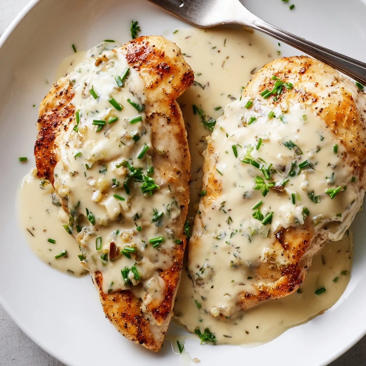 Juicy seared chicken breasts topped with velvety Boursin cheese garlic herb sauce garnished with parsley