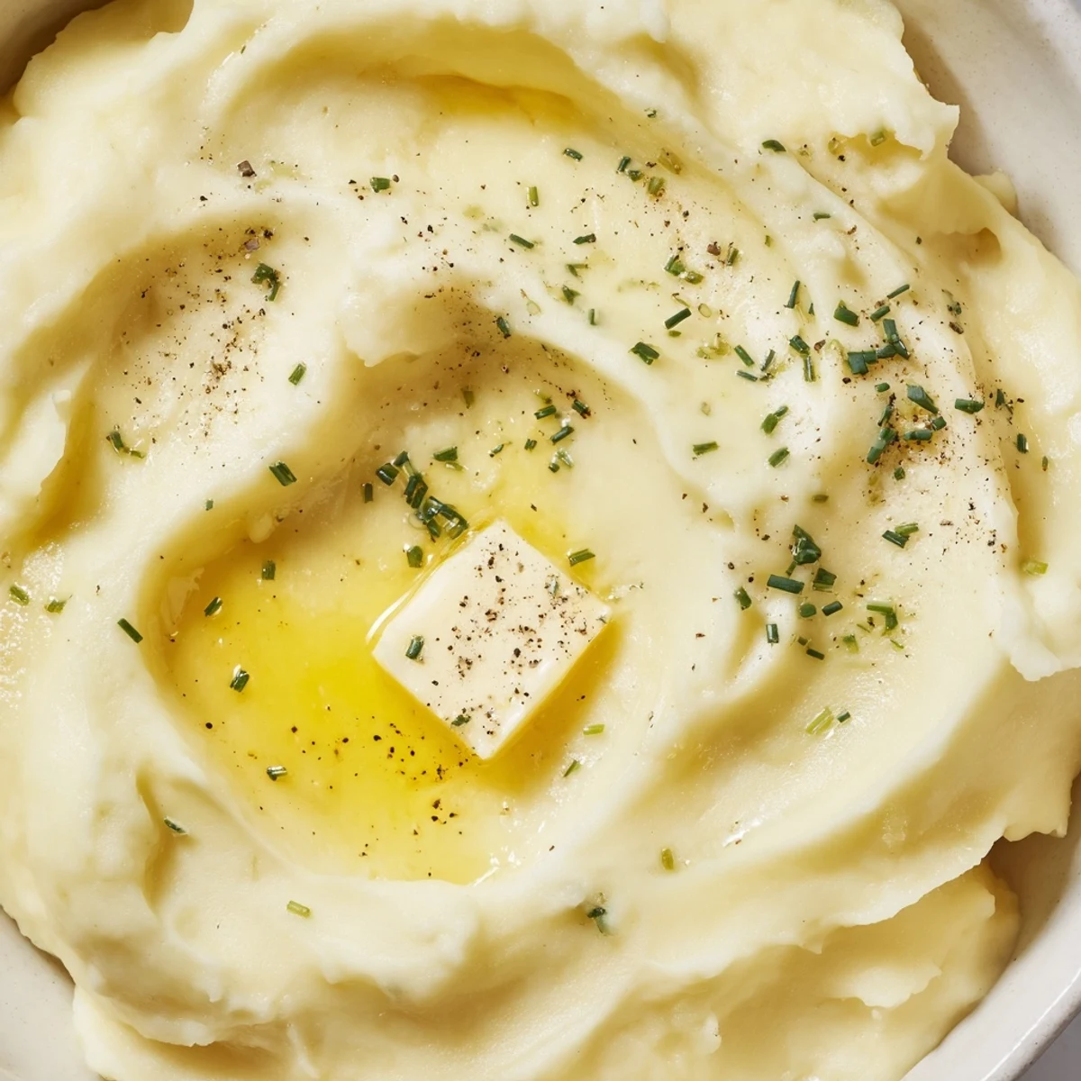 Velvety mashed potatoes swirled with melted butter in a warm ceramic serving bowl