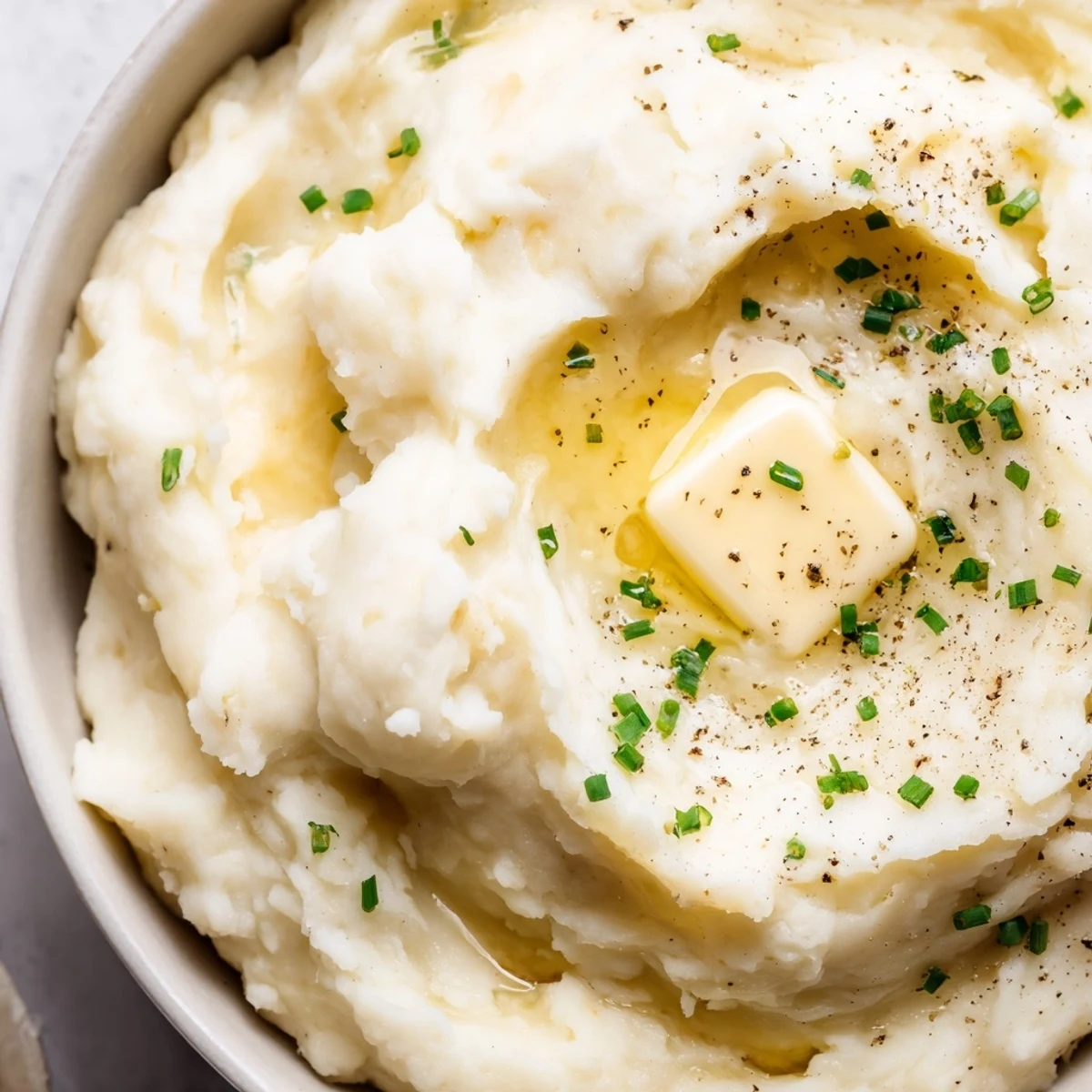 Creamy velvety mashed potatoes piled high and garnished with fresh snipped chives