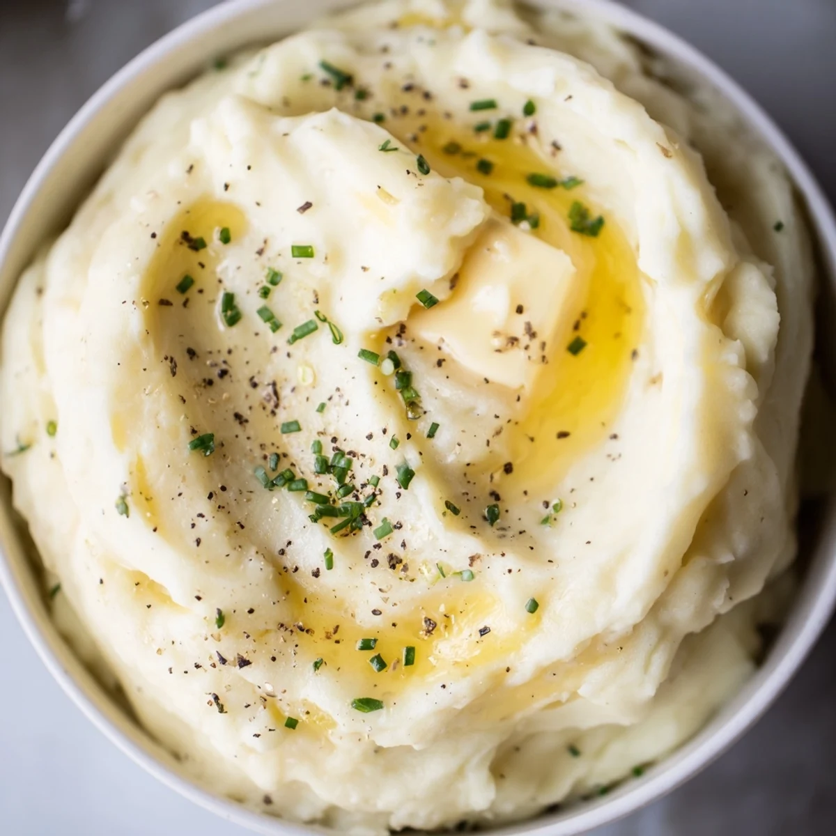 A spoonful of velvety mashed potatoes with a golden butter pool on top