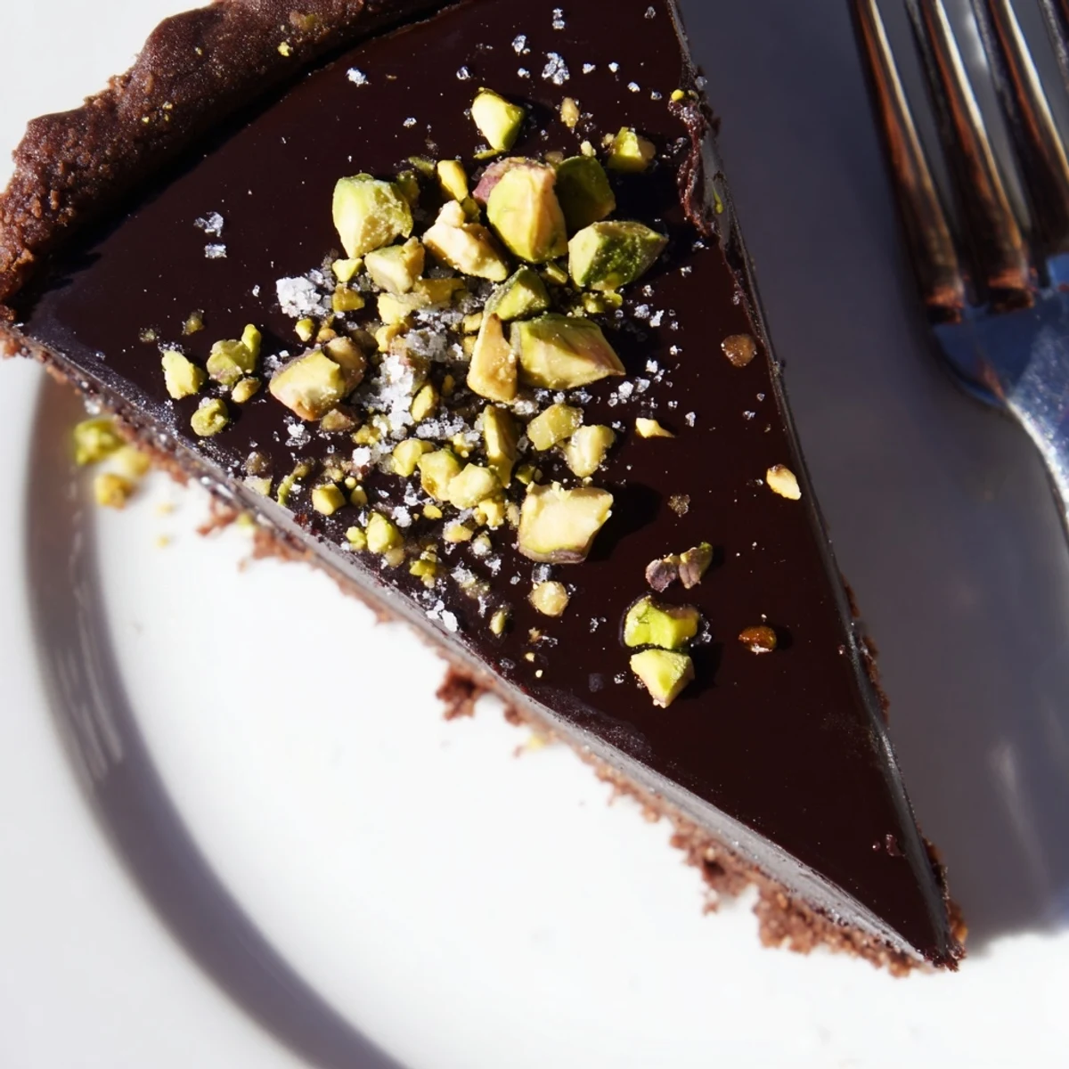 Dark Chocolate Pistachio Tart sliced on a rustic board with glossy ganache and chopped green pistachios