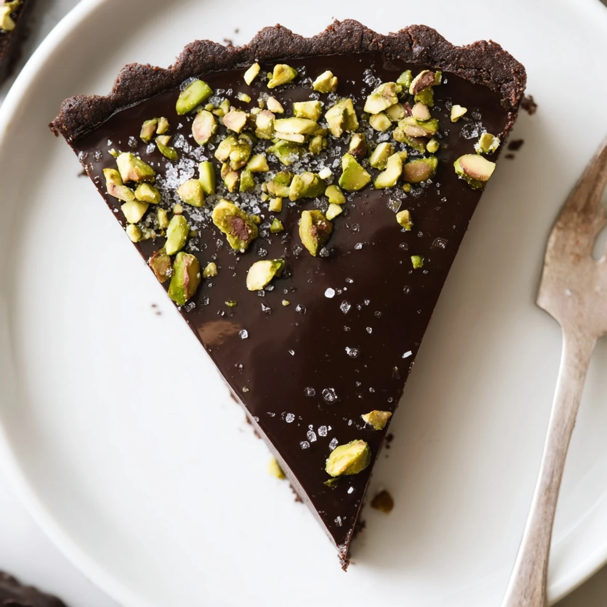 A rich Dark Chocolate Pistachio Tart in a cocoa crust topped with crunchy roasted pistachios