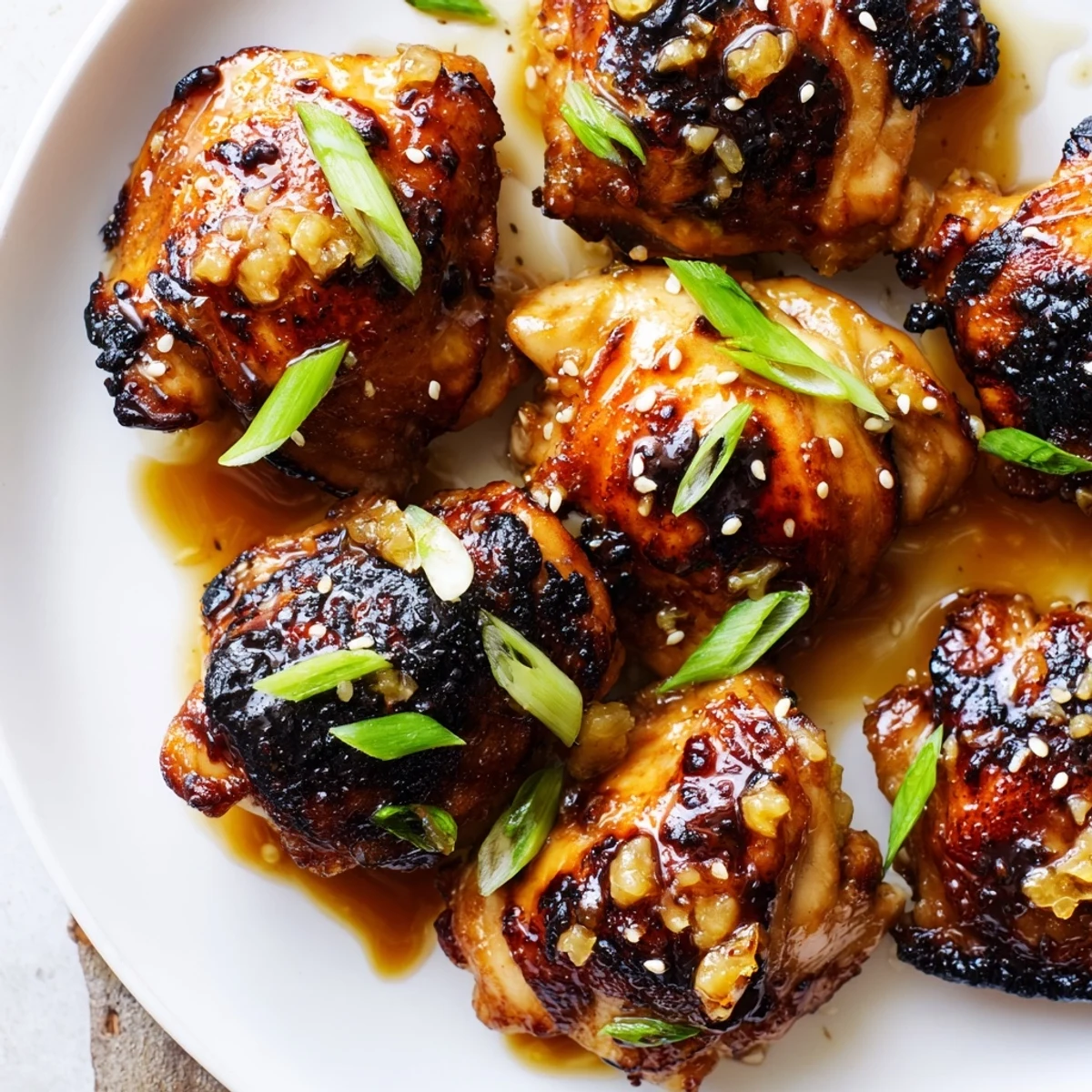Golden crispy ginger garlic chicken thighs baked in a savory honey glaze on a sheet pan
