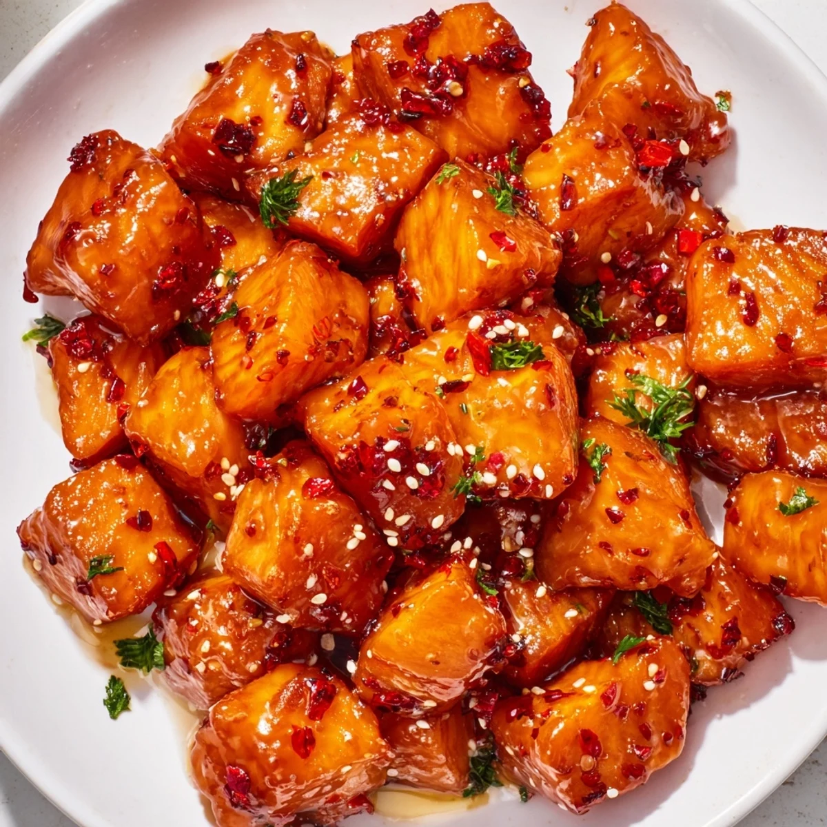 Caramelized hot honey salmon bites glistening with a sweet and spicy glaze on a rustic plate