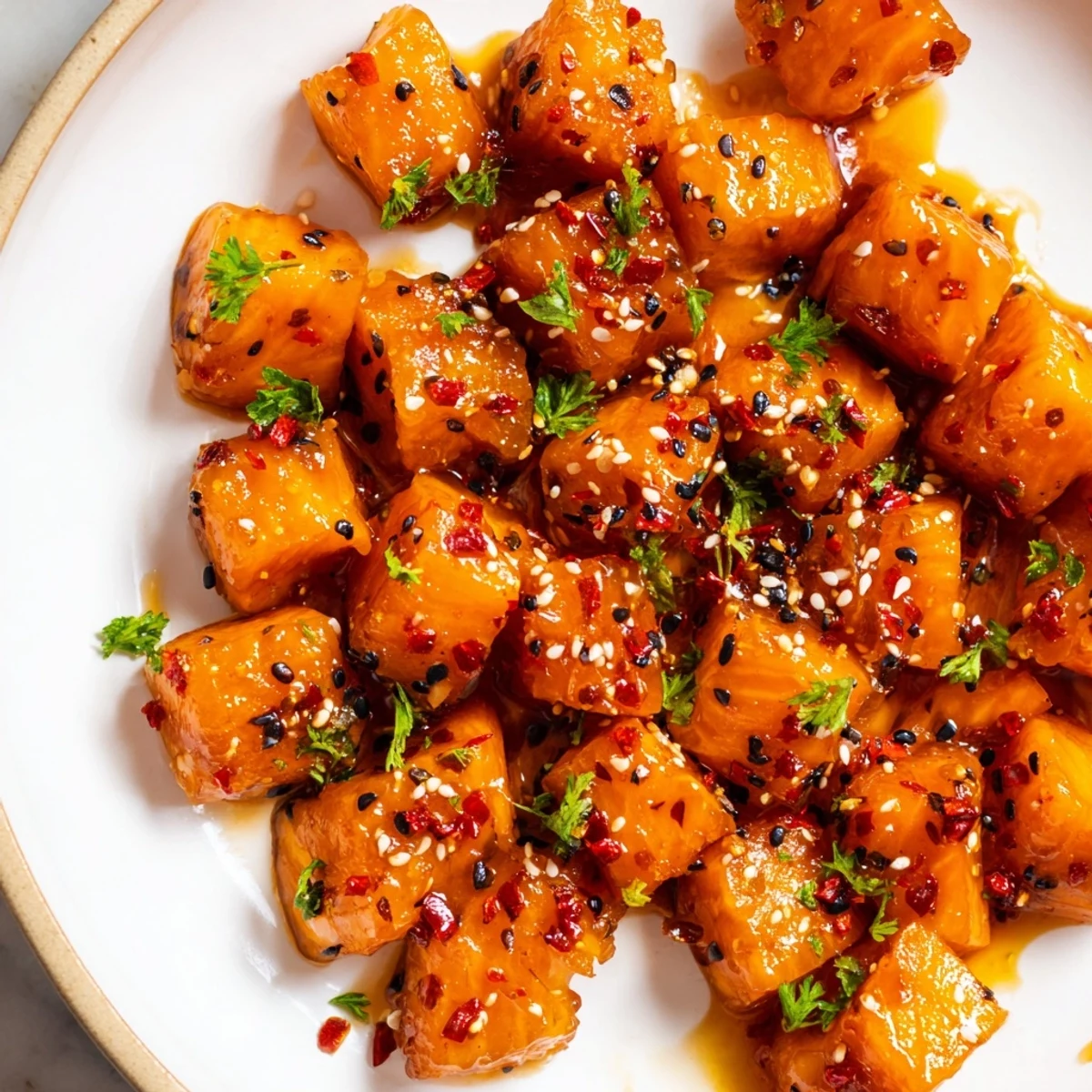 Crispy-edged hot honey salmon bites drizzled with sticky sauce and sprinkled with toasted sesame seeds