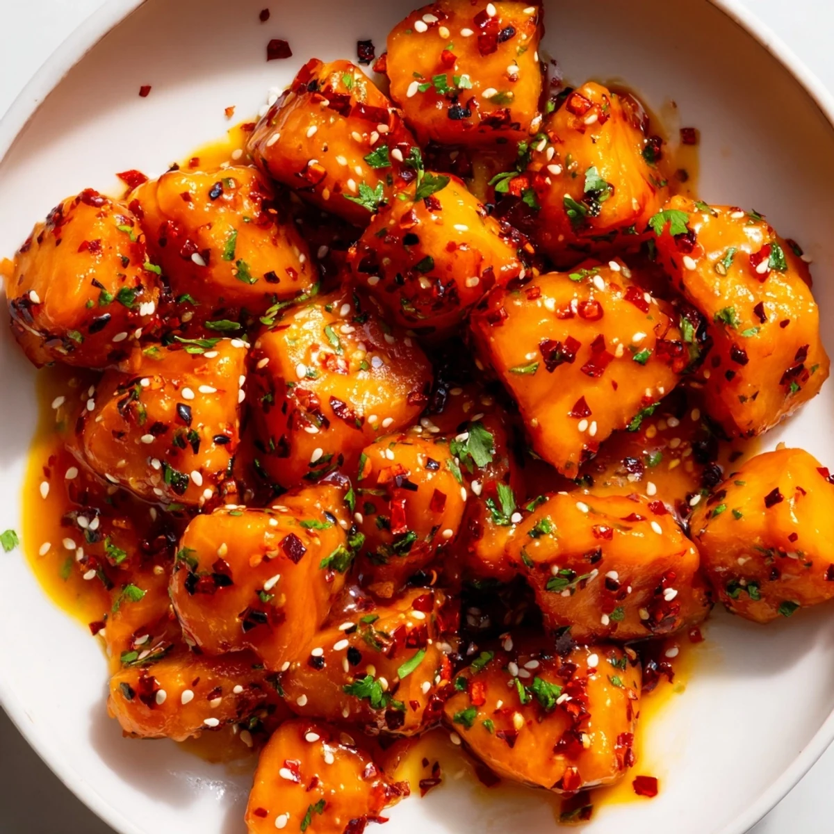 Golden hot honey salmon bites topped with fresh parsley and served alongside bright lemon wedges