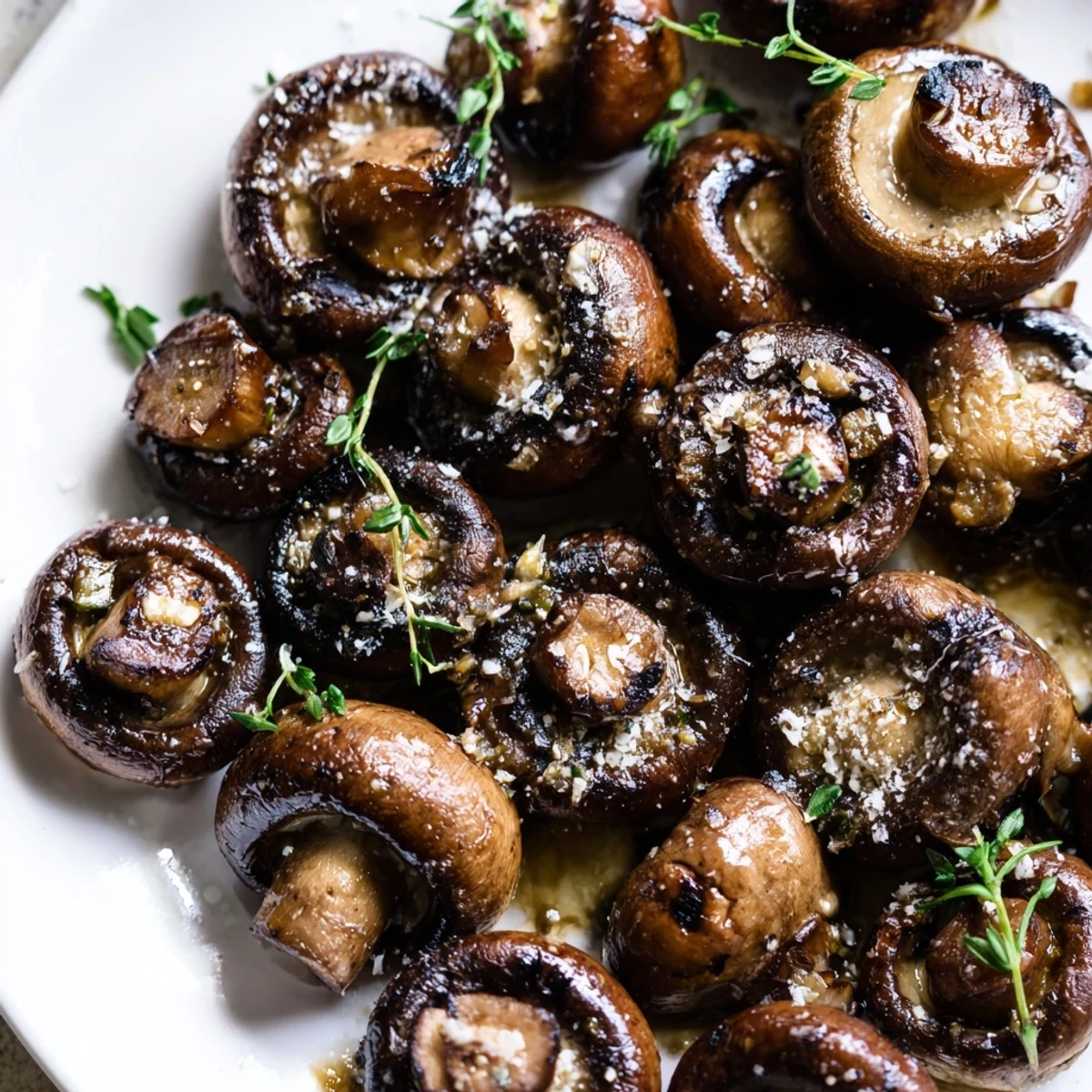 Golden sautéed grilled garlic mushrooms glistening with olive oil and fresh herbs in a skillet