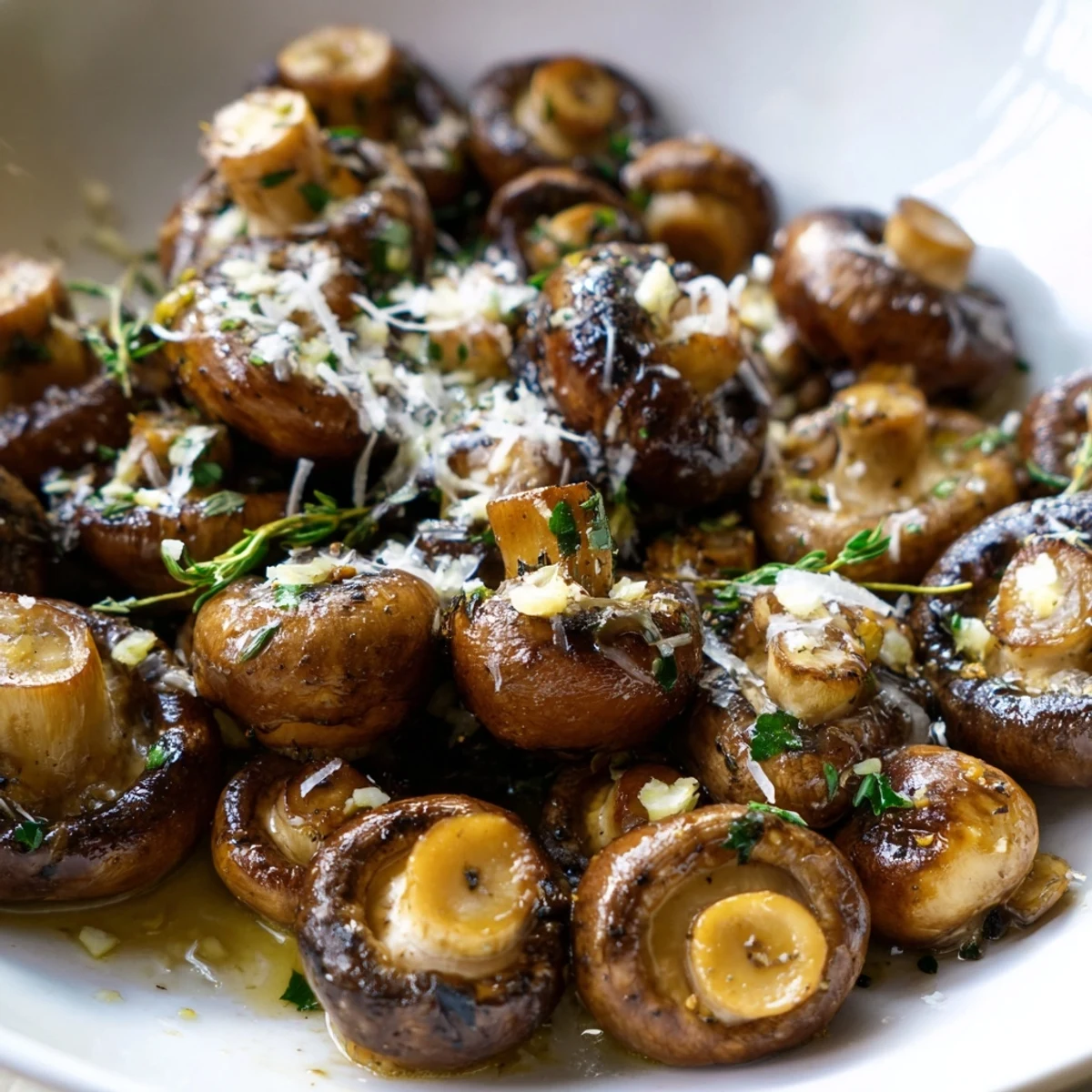 Charred mushrooms tossed with minced garlic and thyme served in a rustic dish
