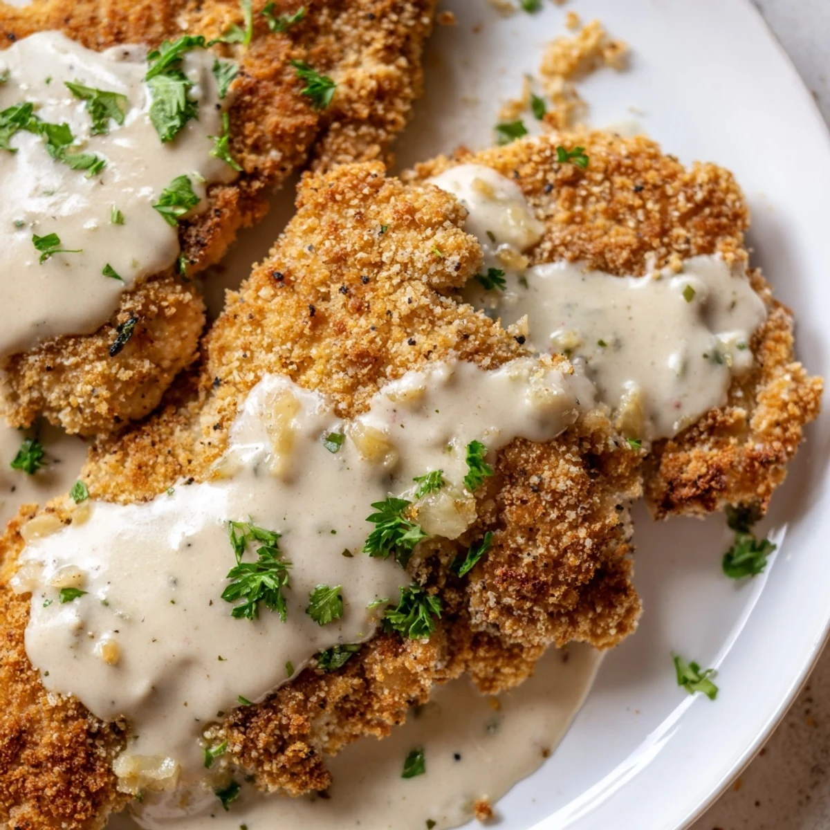 Golden crispy Parmesan chicken breasts drizzled with rich creamy garlic sauce on a white plate