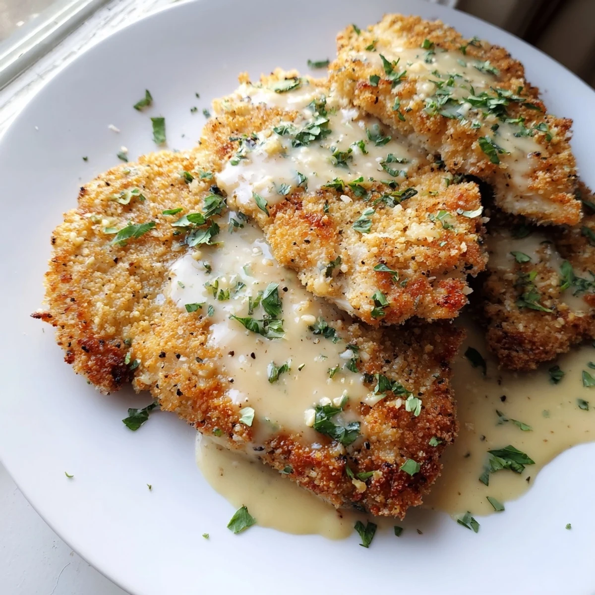 Crispy Parmesan chicken with creamy garlic sauce garnished with fresh parsley and served hot