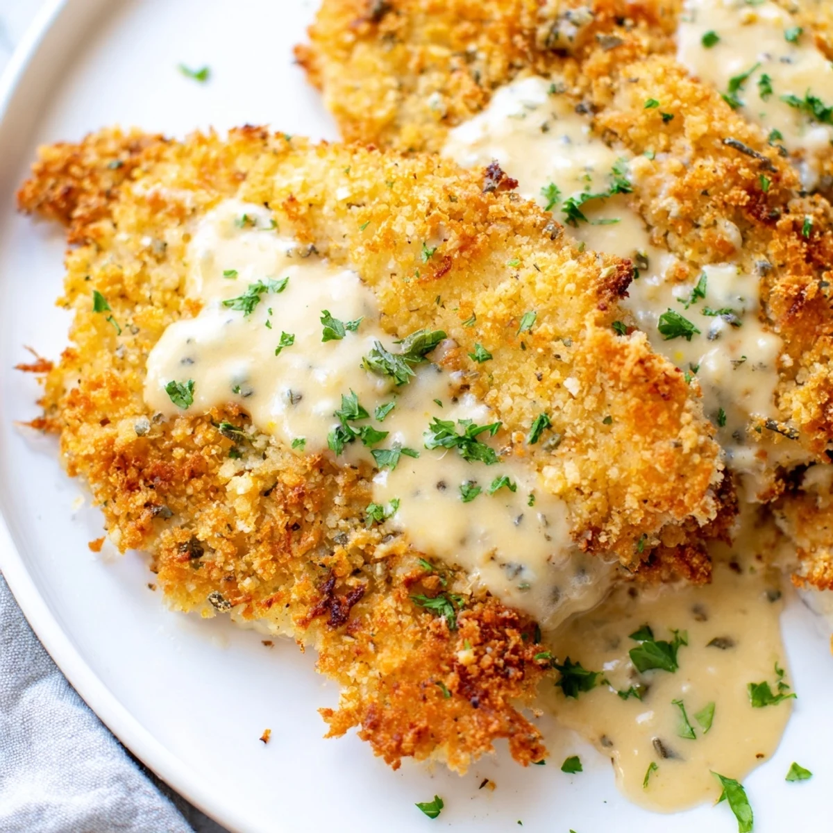 Breaded crispy Parmesan chicken cut into juicy pieces topped with smooth garlic cream sauce